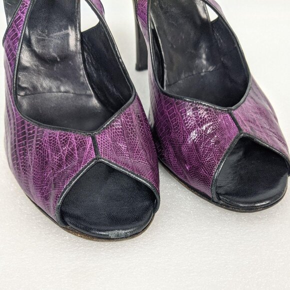 Vintage Designer y2k Purple Snakeskin Leather Peeptoe Slingback Heels 7 - Picture 10 of 10